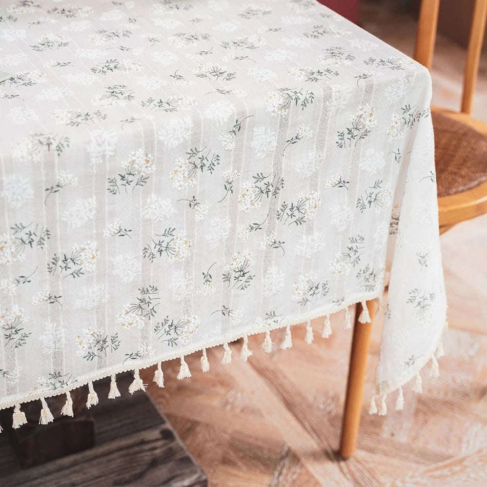 Korean Style Small Daisy Cotton Floral Tablecloth For Kitchen, Wedding, Dining Room - Floral-white Tassels / 140X180cm