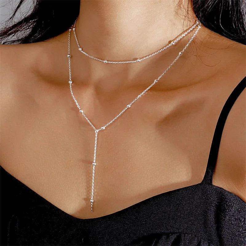 Golden Plated Lariat Necklace for Women Fashion Double Laryered Long Chain Drop Pendant Choker Necklaces Fashion Gifts - x910