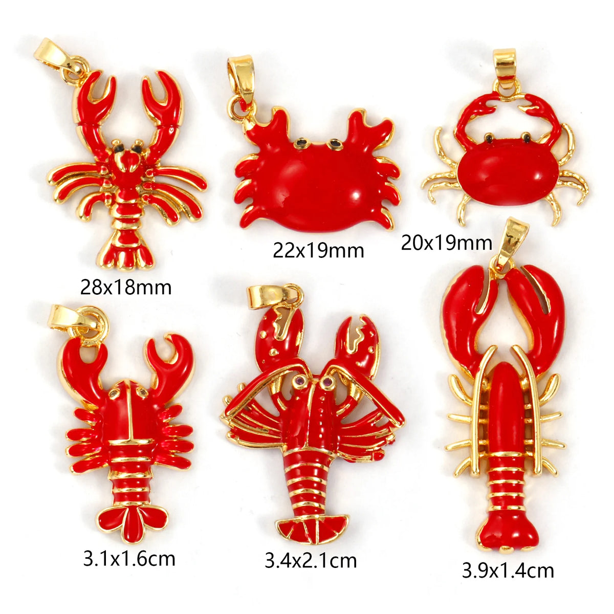 2 PCs Brass Ocean Series Lobster Jewelry Pendants 18K Gold Plated Red Enamel Crab Charms With Buttons For Necklace DIY Findin