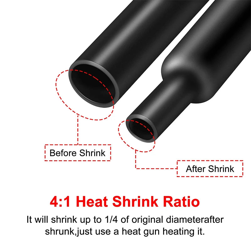 2M 4:1 Heat Shrink Tubing Adhesive Waterproof Glue Insulated Dual Wall Black Heat Shrinkable Tube 4/6/8/12/16/18/20/24 MM