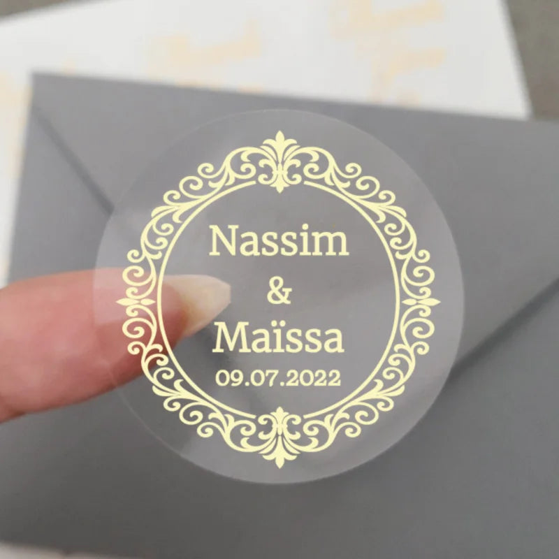 50 X Foiled Wedding Monogram Initials Stickers, Personalised Wedding Favour Labels, Custom Shiny Foil Gold Transparent