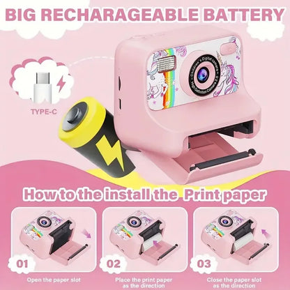 Children Instant Print Digital Camera Photo Color Label Thermal Print Camera for Kids 3-12 Age Best Birthday Festive Gifts