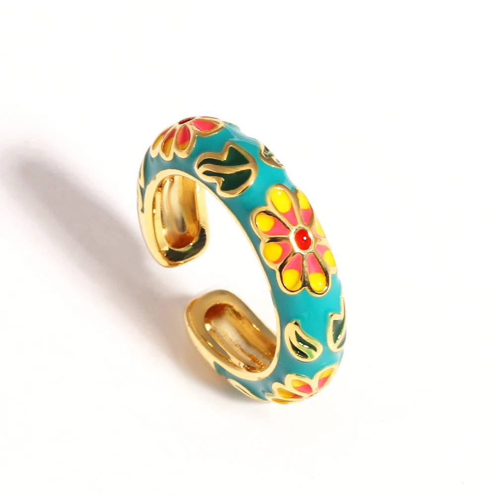 Vintage Colorful Enamel Flower Rings Trendy Geometric Female Minimalist Flower For Ladies Wedding Party Engagement Jewelry Gi