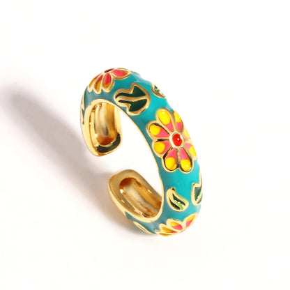 Vintage Colorful Enamel Flower Rings Trendy Geometric Female Minimalist Flower For Ladies Wedding Party Engagement Jewelry Gi