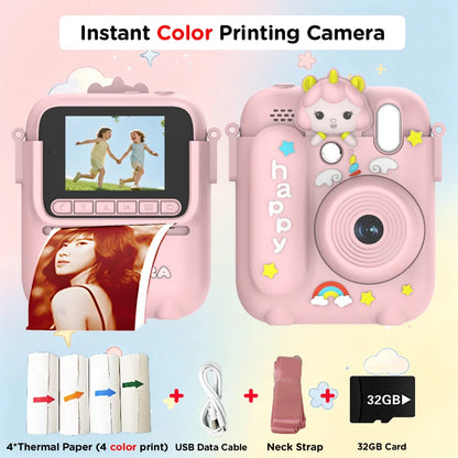 Color Printing Camera Kids Instant Camera 32GB 1080P Thermal Print Digital Camera Print Photo Video Games Music Children Gift