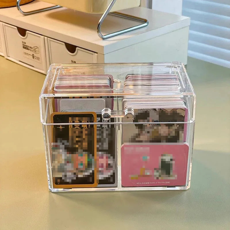 Clear Acrylic Card Organizer - Holds 400 Cards, Dual Compartment Display Box for Postcards & Game Cards