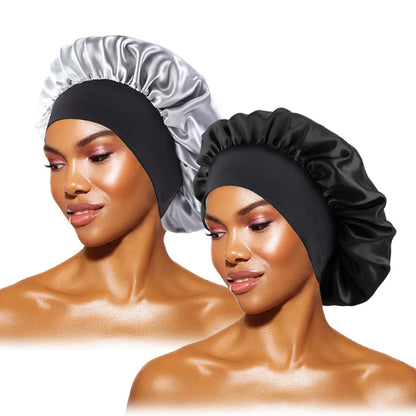 Women's Satin Solid Bonnets Wide-brimmed Night Sleeping Bathing Hat Unisex Head Wrap Elastic Band Cap Hair Care Bonnet - blac