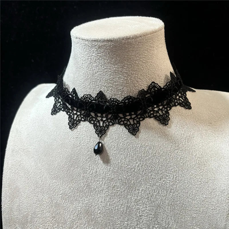 2026 New Sexy Lace Flower Necklace for Women Gothic Punk Velvet Collar Choker Black Waterdrop Pendent Necklace Strap Bow Jewe
