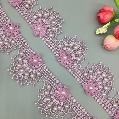 1 yard 4cm Purple Peacock Pearl Beaded Flower Embroidered Lace Trim Ribbon Applique DIY Wedding Dress Sewing Craft Decoration