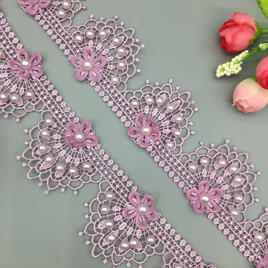 1 yard 4cm Purple Peacock Pearl Beaded Flower Embroidered Lace Trim Ribbon Applique DIY Wedding Dress Sewing Craft Decoration