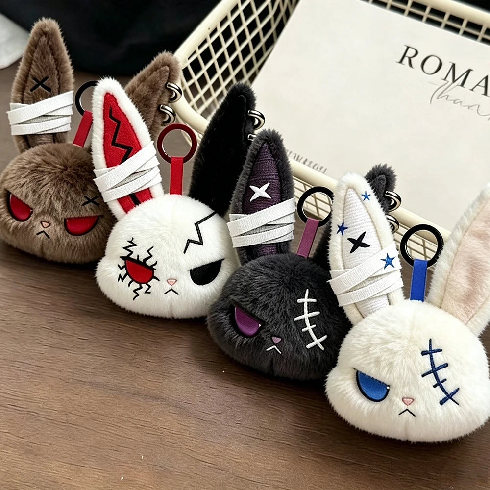 Hot Gothic Bunny Plush Keychain RabbitBag Charm with Bandage Desian Kawaii Key Ring Pendant Car Bag Ornament Gift To