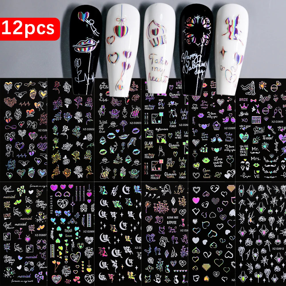 8pc 3D Mixed Color Heart Nail Stickers Valentines' Day Sweet Red Pink Love Selfadhesive Nail Decoration Decals Manicure Suppl