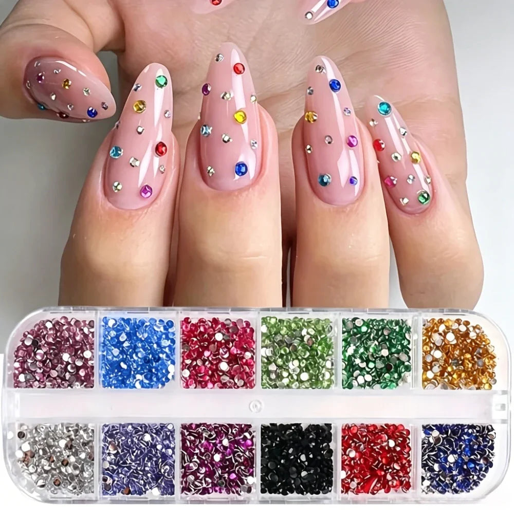 12 Grids Mixed Size Acrylic Flatback Rhinestones, 2/3/4mm Shiny Crystal Look Gems DIY Manicure Decor Charms