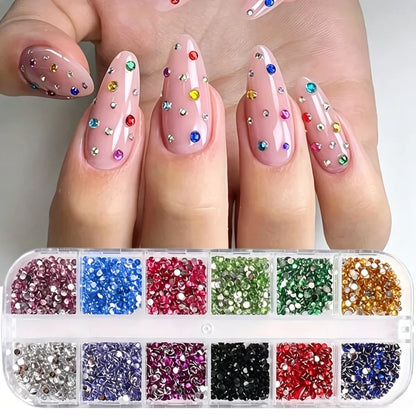12 Grids Mixed Size Acrylic Flatback Rhinestones, 2/3/4mm Shiny Crystal Look Gems DIY Manicure Decor Charms