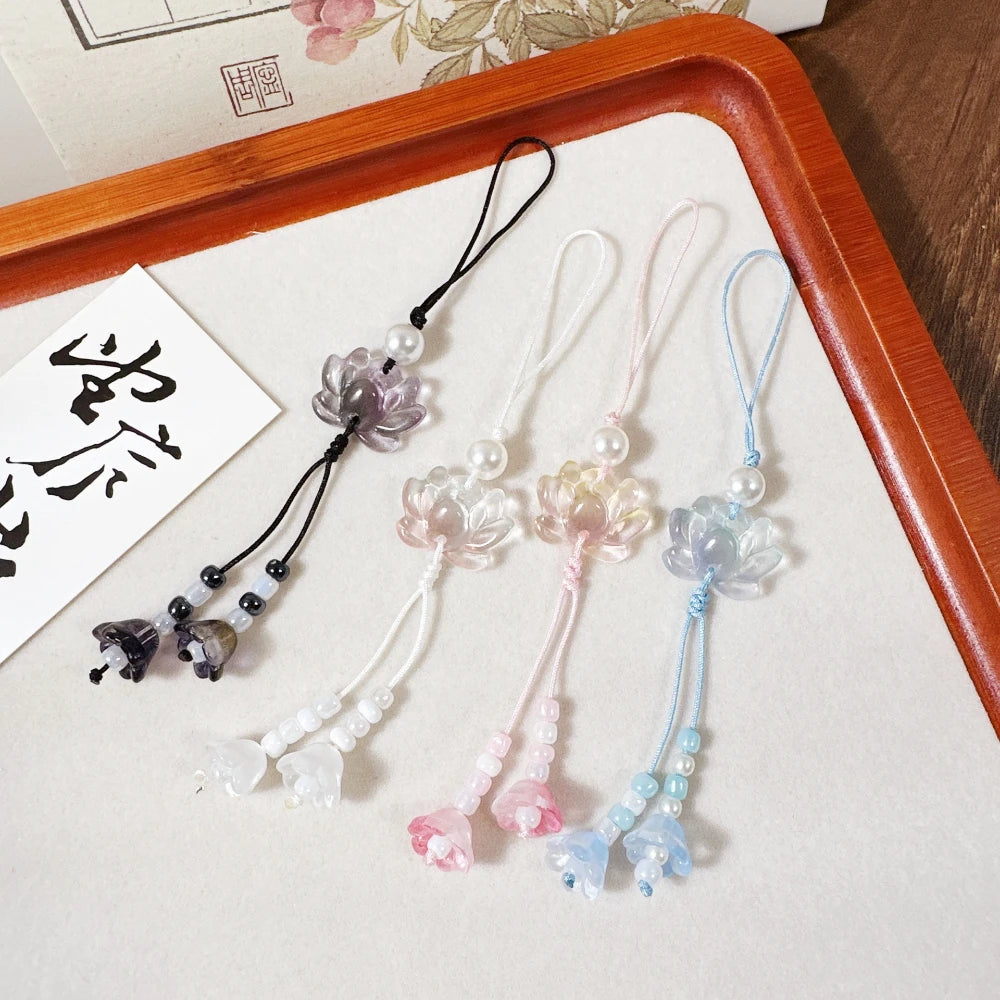 New Chinese-style Handmade Beaded Lotus Pendant Key Chains Mobile Phone Chain for Women Men Ethnic Charm Jewelry Accessory Gi