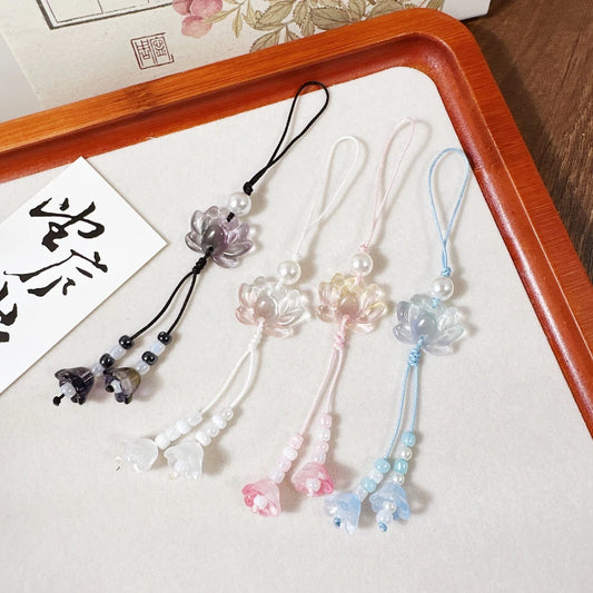 New Chinese-style Handmade Beaded Lotus Pendant Key Chains Mobile Phone Chain for Women Men Ethnic Charm Jewelry Accessory Gi