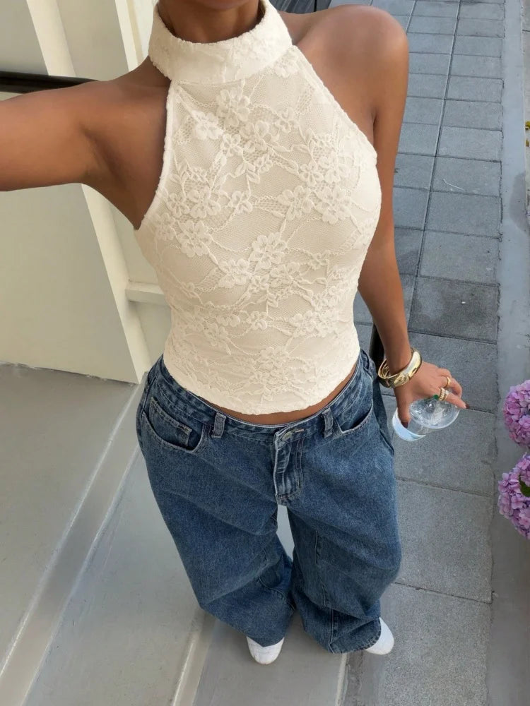 Women's Sexy White Lace High Neck Halter Back Button Backless Slim Fit Crop Top Casual Daily Vacation Summer 2026