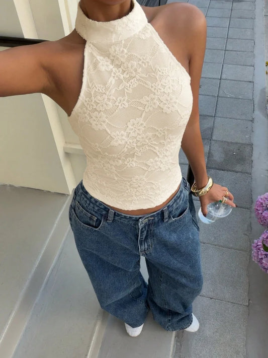 Women's Sexy White Lace High Neck Halter Back Button Backless Slim Fit Crop Top Casual Daily Vacation Summer 2026