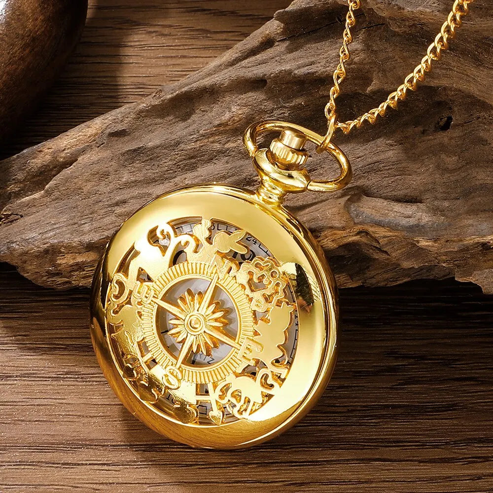 Antique Steampunk Vintage Arabic Numerals Quartz Pocket Watch Gold Case Necklace Pendant Clock Chain Mens Women