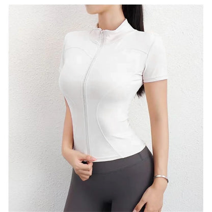 Casual Slim Sports Coat For Women Short Sleeve Solid Zipper Tops Female Cycling Running Yoga Outfit Clothes Summer Sport Jack