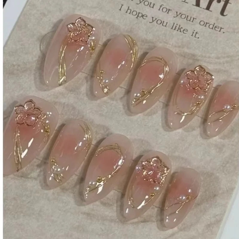 10pcs Handmade Almond Shaped Nail Art Pieces, Inlaid With Golden Flower Strips Detachable and Reusable