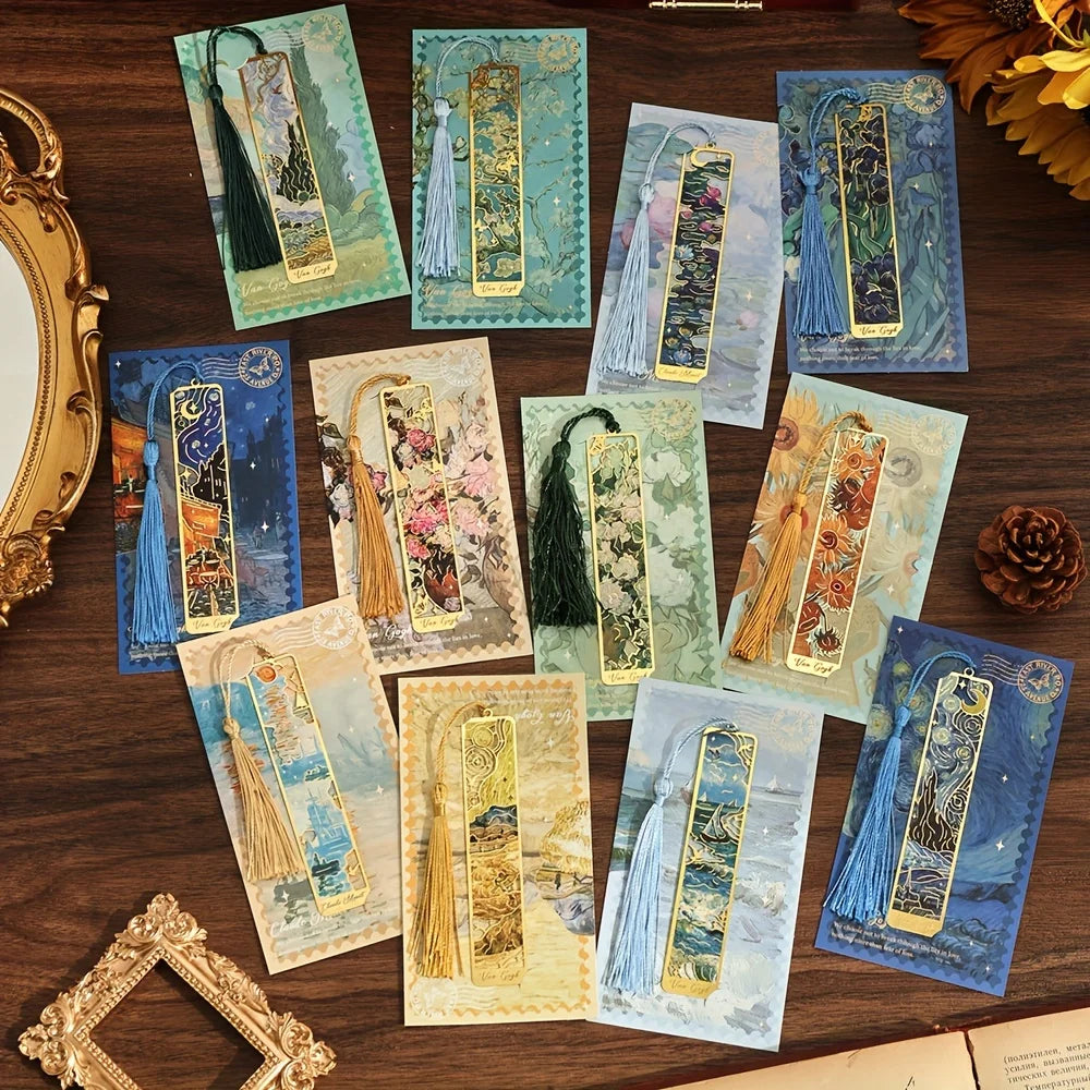 Vintage Oil Painting Metal Bookmarks - Hollow Hot Stamping Long Tassel Bookmarks - Stationery Gifts for Book Clubs, Book Love