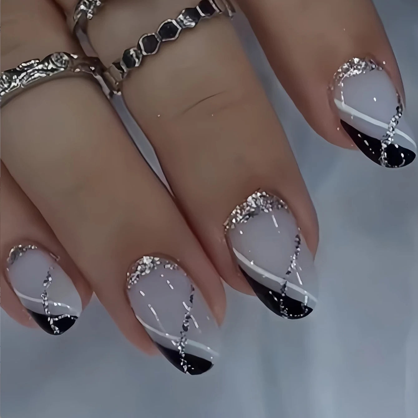 24PCS/ Almond Fake Nails Instantly Upgrade Your Look, Pink and White Set Off by Gold Lines, Simple and Generous, Suitable for