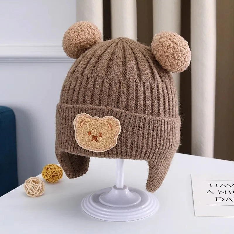 Baby wool hat cute bear ear protection hat children winter thickened warm knitted Korean version of the baby hat - Khaki