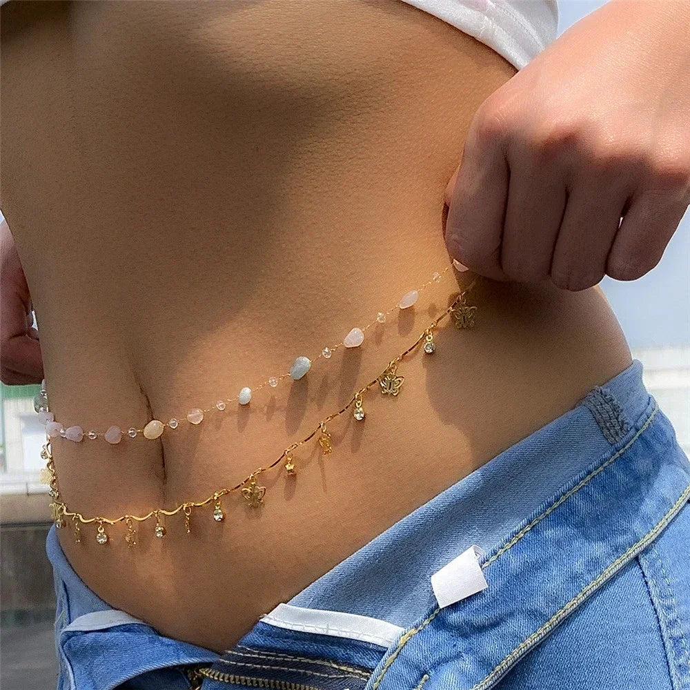 New Fashion Sexy Double Layer Pearl Chain for Women Waist Bead Belly Chain Belly Belt Summer Beach Body Jewelry Festival Gift