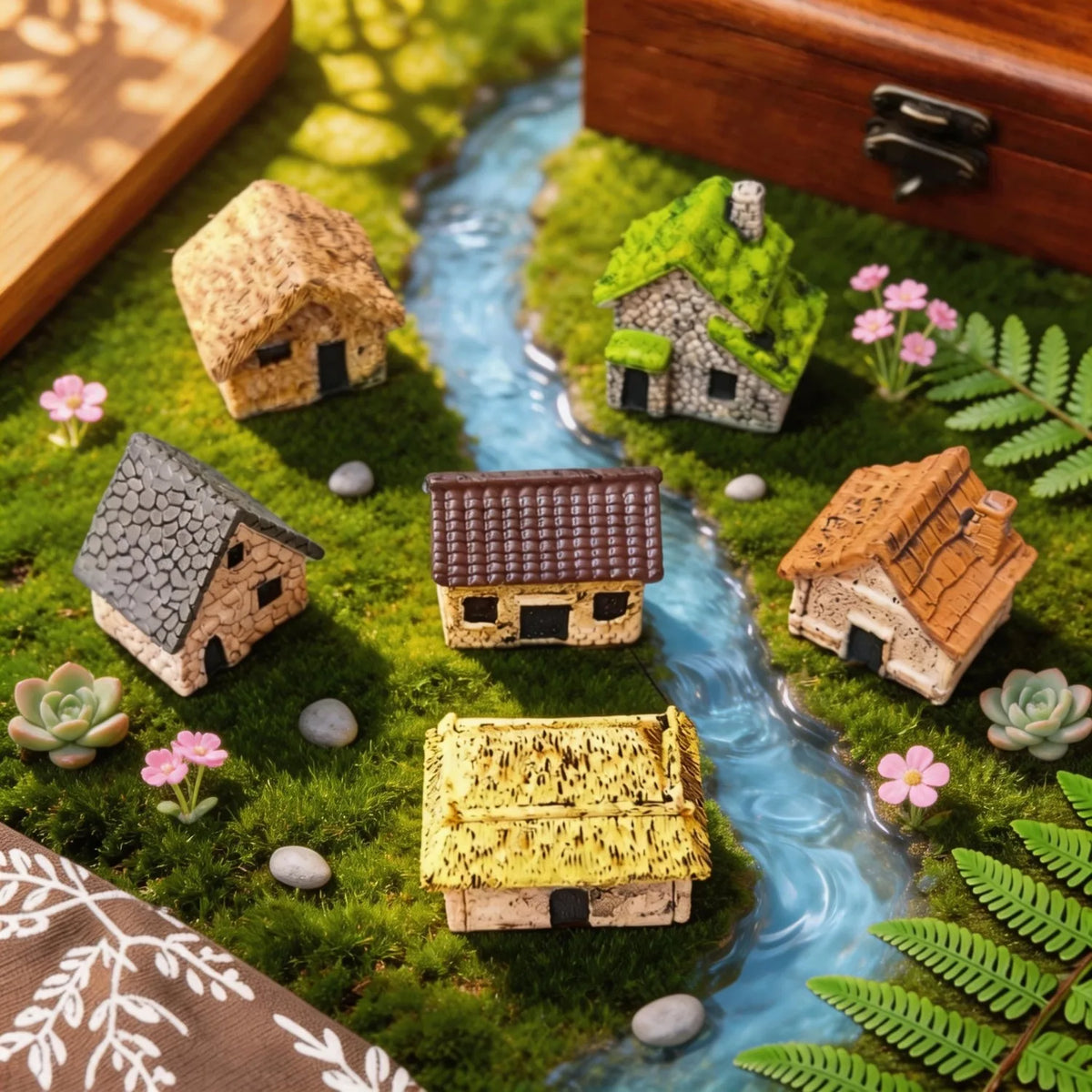 6Pcs Miniature Retro Village Thatched House Figurines, Mini Resin Cottage Ornaments for Miniature Garden, Minihouse