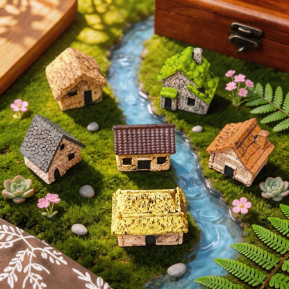 6Pcs Miniature Retro Village Thatched House Figurines, Mini Resin Cottage Ornaments for Miniature Garden, Minihouse
