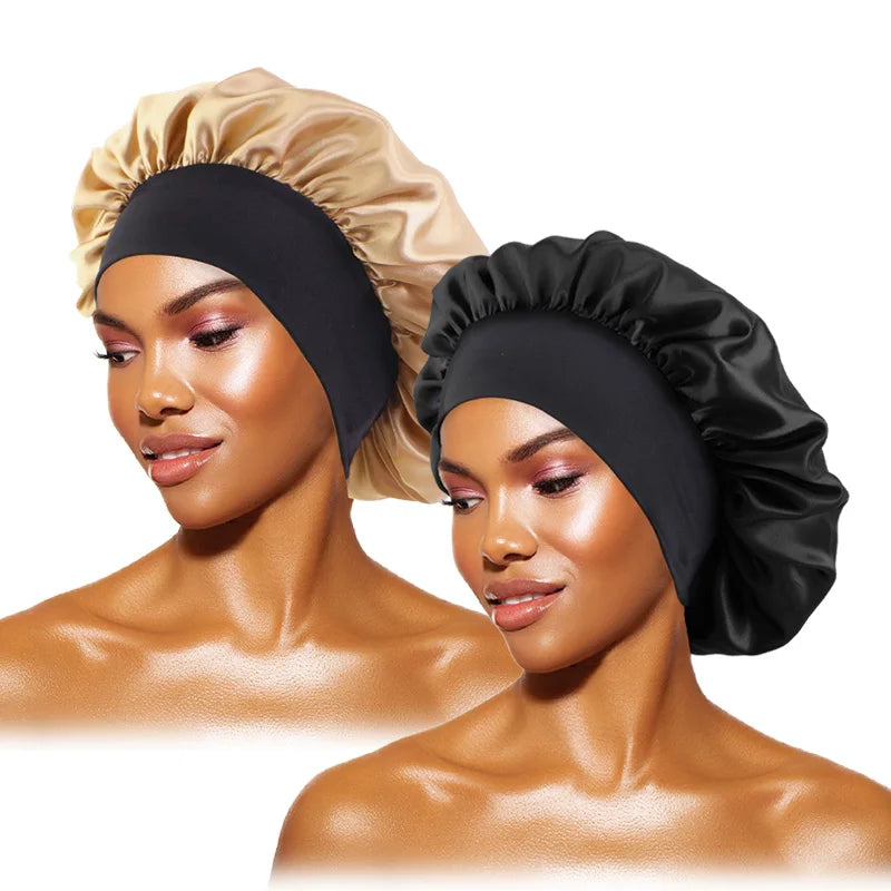Women's Satin Solid Bonnets Wide-brimmed Night Sleeping Bathing Hat Unisex Head Wrap Elastic Band Cap Hair Care Bonnet - blac