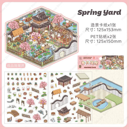 DIY Cartoon Cat Leisure Life in 4 Seasons Landscape Sticker 3D Pocket Cabin Scene Stacking Pasting Stickers Gift for Kid Chil