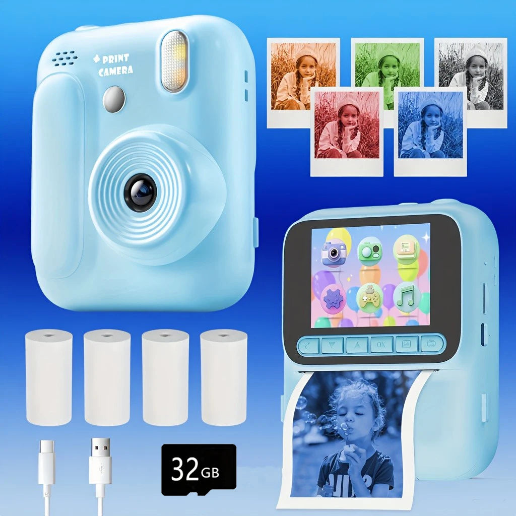 Color Printing Camera Kids Instant Camera 32GB 1080P Thermal Print Digital Camera Print Photo Video Games Music Children Gift