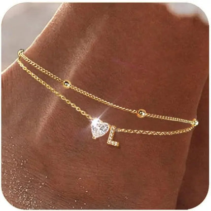 Ankle Bracelets for Women Waterproof 14K Gold Plated CZ Initial Dainty Layered Heart Anklets Foot Chain Summer Beach Jewelry 