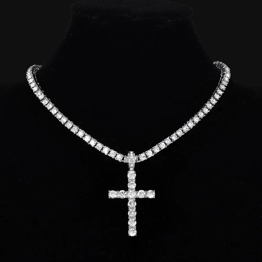 Men Women Hip Hop Cross Pendant Necklace With 4mm Zircon Tennis Chain Iced Out Exquisite Bling Jewelry Fashion Trendy Creativ