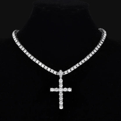 Men Women Hip Hop Cross Pendant Necklace With 4mm Zircon Tennis Chain Iced Out Exquisite Bling Jewelry Fashion Trendy Creativ