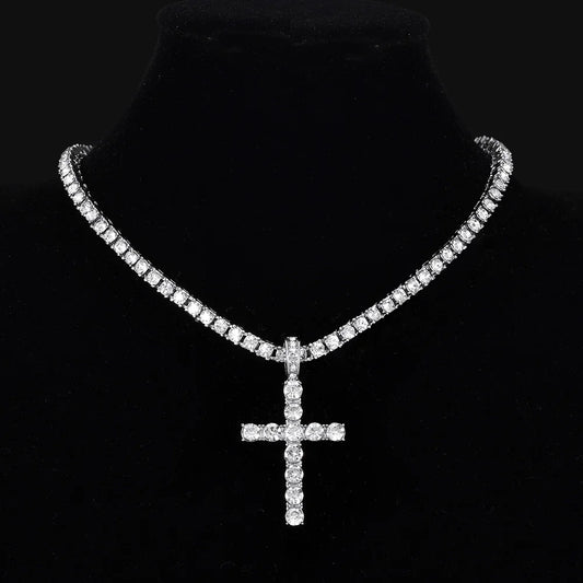 Men Women Hip Hop Cross Pendant Necklace With 4mm Zircon Tennis Chain Iced Out Exquisite Bling Jewelry Fashion Trendy Creativ