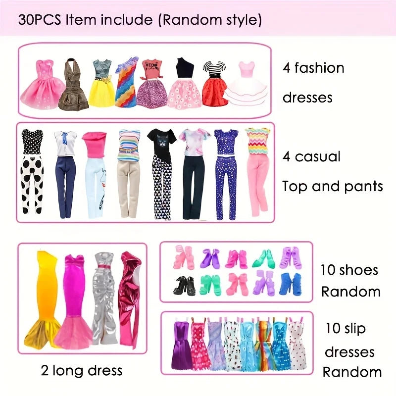 30Pcs Doll Clothes And Accessories Set for Girl Dolls Include 4Fashion Dresses 4Top And Pants 2Long Dresses 10Shoes 10Dresses