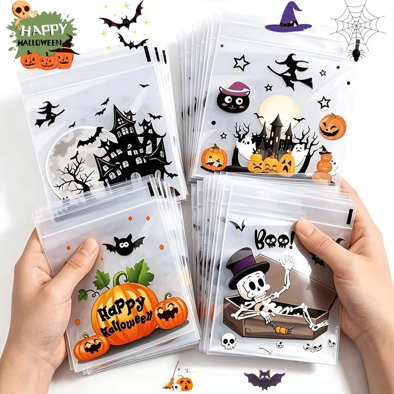 100Pcs Small Halloween Treat Bags,Clear Self Adhesive Candy Bags, Plastic Cookie Bags for Trick or Treat, Halloween Goodie Ba