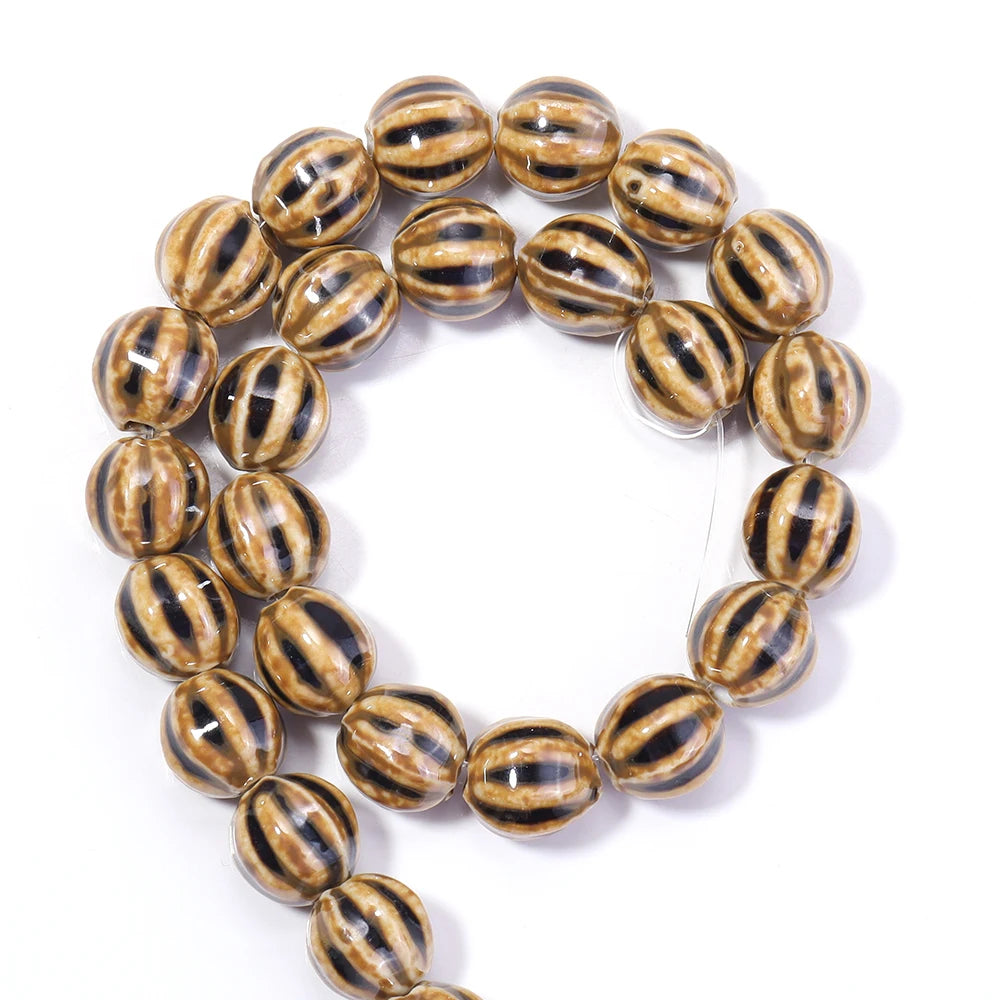 1 Strand Pumpkin Shape Stripe Ceramics Beads Colorful Floral Glaze Beads for Jewelry Making DIY Loose Spacer Beads Accessorie