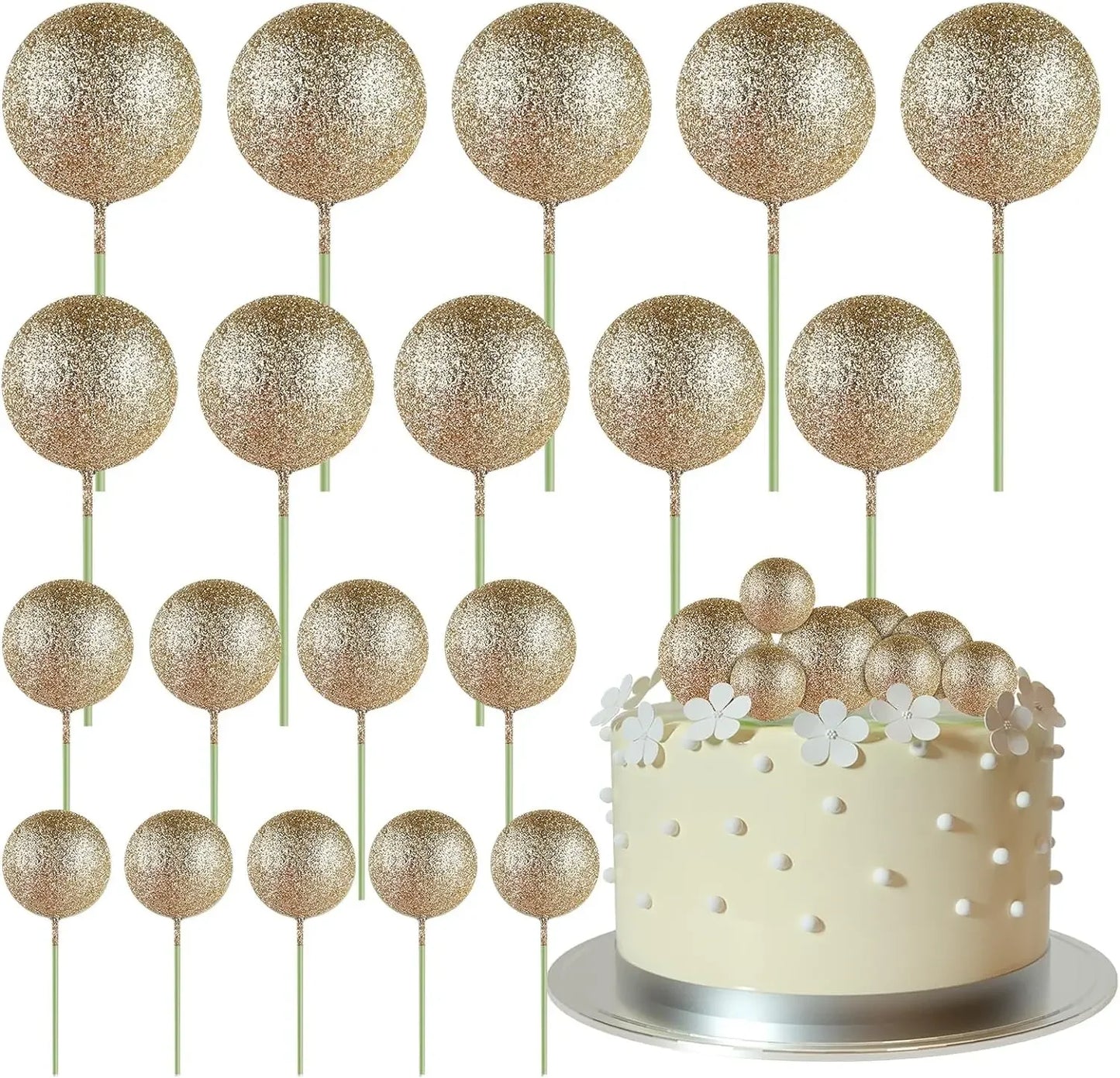 20-Piece Mini Balloon Cake Topper Decorations with Gold Ball Picks - Festive Cake Decor for Celebrations - Glitter Champagne