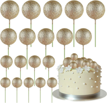 20-Piece Mini Balloon Cake Topper Decorations with Gold Ball Picks - Festive Cake Decor for Celebrations - Glitter Champagne