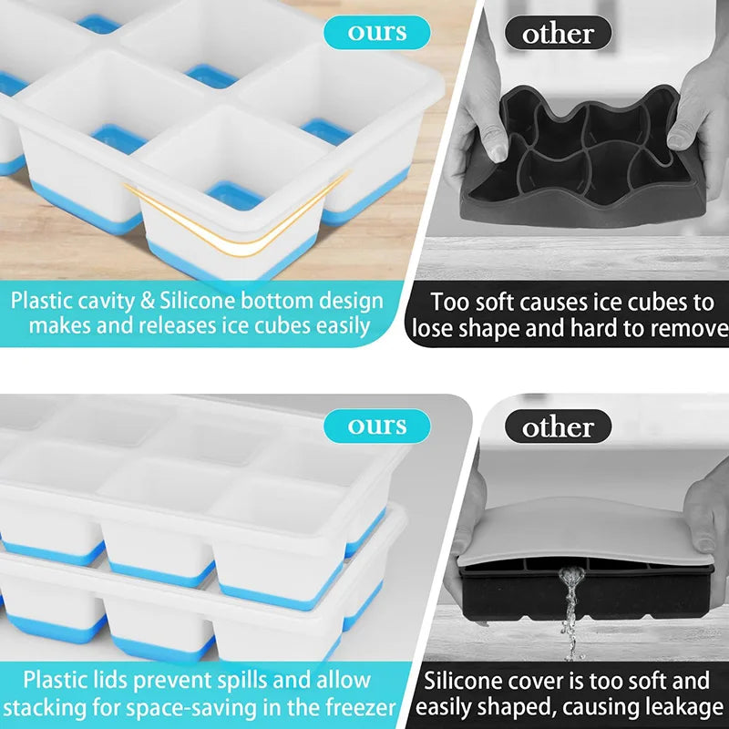 Large Ice Cube Trays Silicone Easy-Release Flexible Ice Cube Molds with Lids Big Square Cubed Ice Trays for Whiskey and Cockt