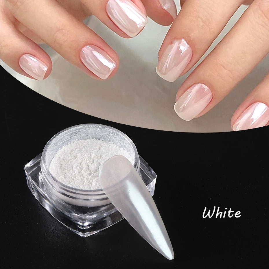 Moonlight Pearl White Nails Glitter Dust Chrome Aurora White Rubbing on Powder Shell Mirror Pigment Nail Art Supplies Decorat