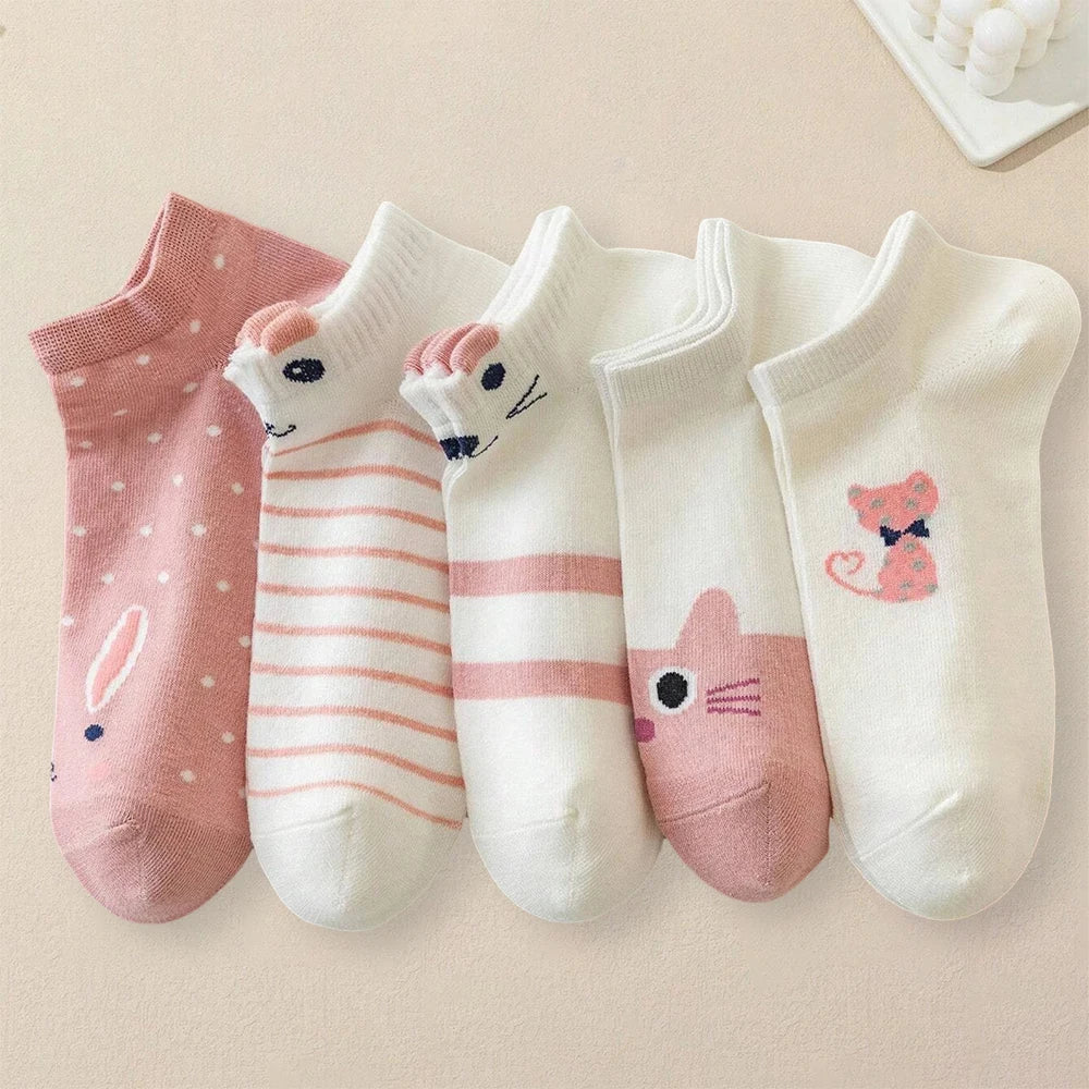 5 Pairs Women Cartoon Patterned Socks Trendy Versatile Breathable Sweat Wicking Deodorizing Antibacterial Comfortable Socks