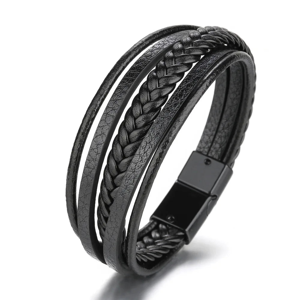 Trendy Leather Bracelets For Men Stainless Steel Bracelet 21CM Multilayer Braided Rope Bracelets for Male Jewelry Gifts - 31