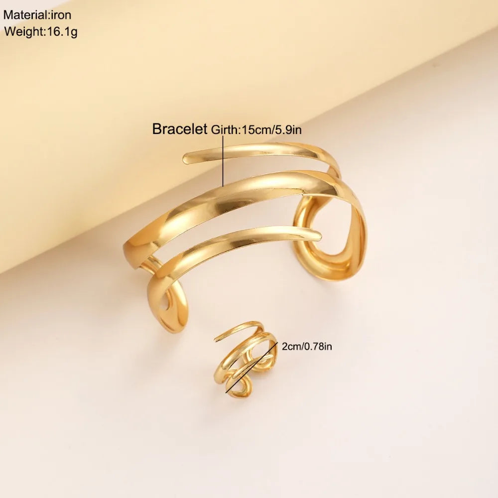 European and American Thick Bracelet and Ring Jewelry Set for Women Gold Color Geometric Line Bracelet Ring Combination Set G