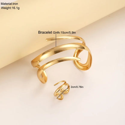 European and American Thick Bracelet and Ring Jewelry Set for Women Gold Color Geometric Line Bracelet Ring Combination Set G