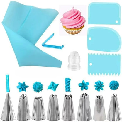 Silicone Piping Bags and Tips Set Cake DIY Decorating Kit with Stainless Steel Nozzle Reusable Silicone Pastry Baking tool - 